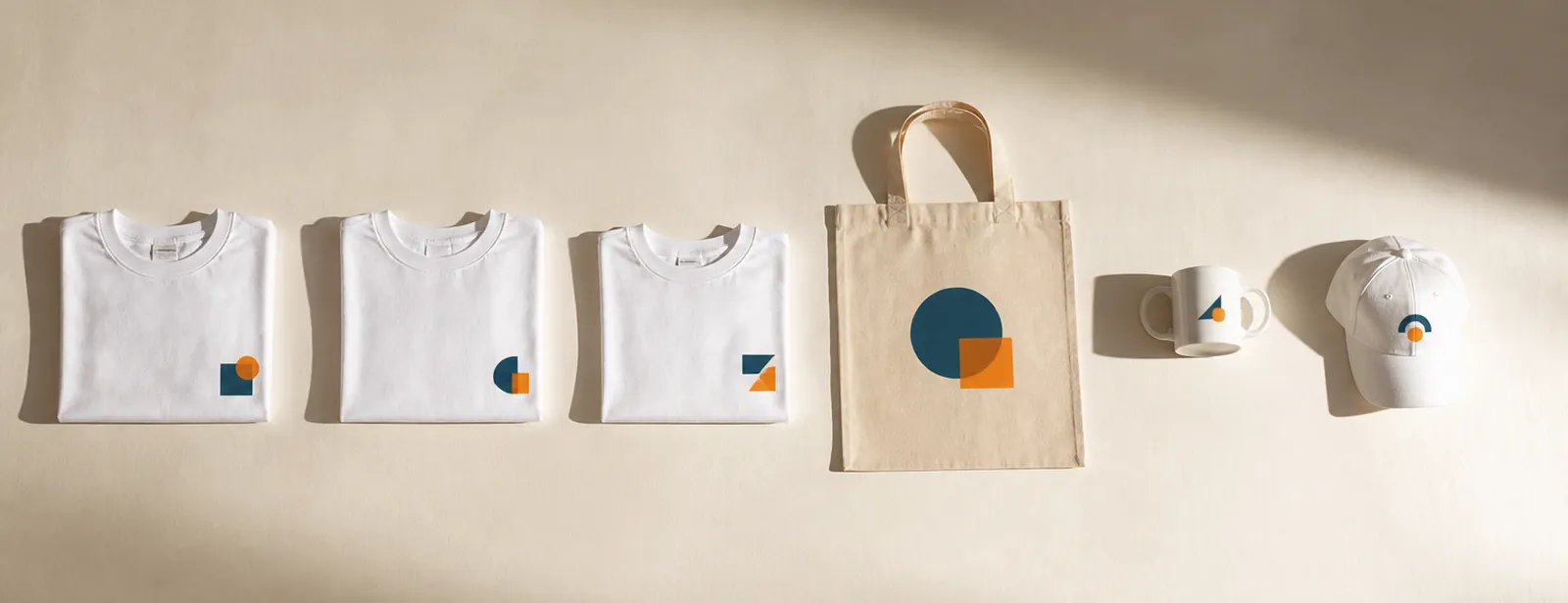 Trois tee-shirts pliés, un tote bag et deux mugs portant tous le même logo.