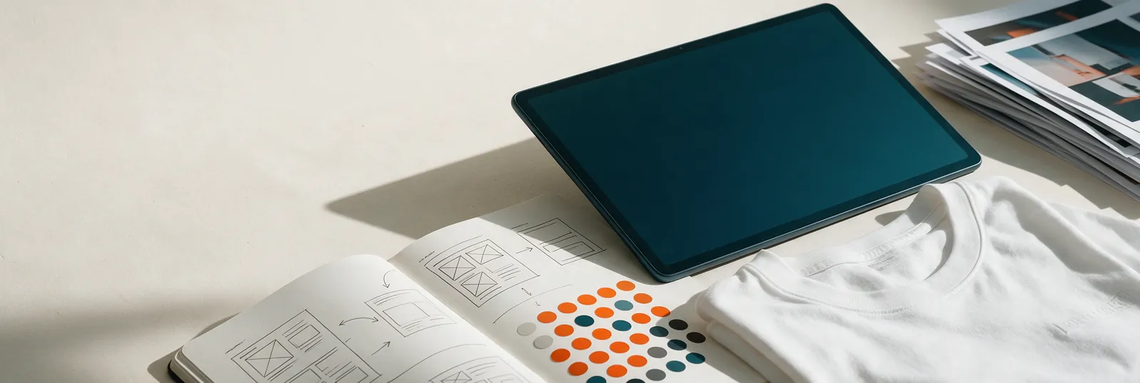 Un plan de travail d’agence : tablette, carnet de mises en page, nuancier et textile