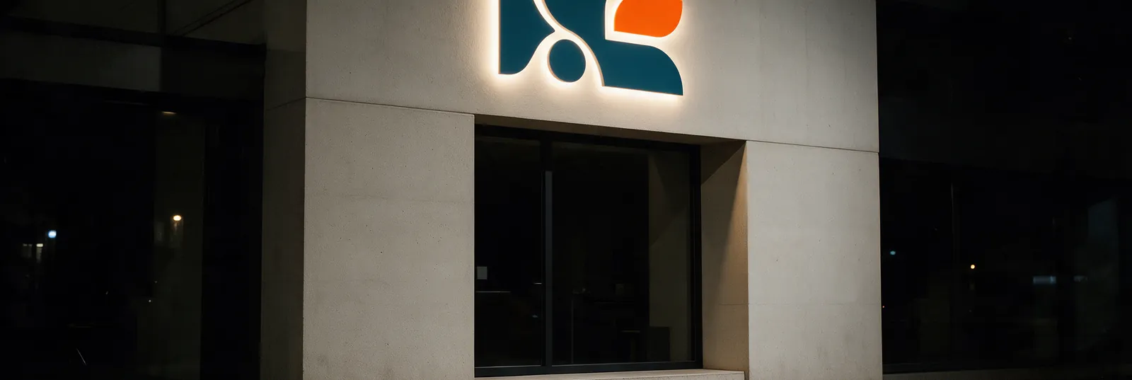 Une enseigne lumineuse sur une façade sobre, de nuit
