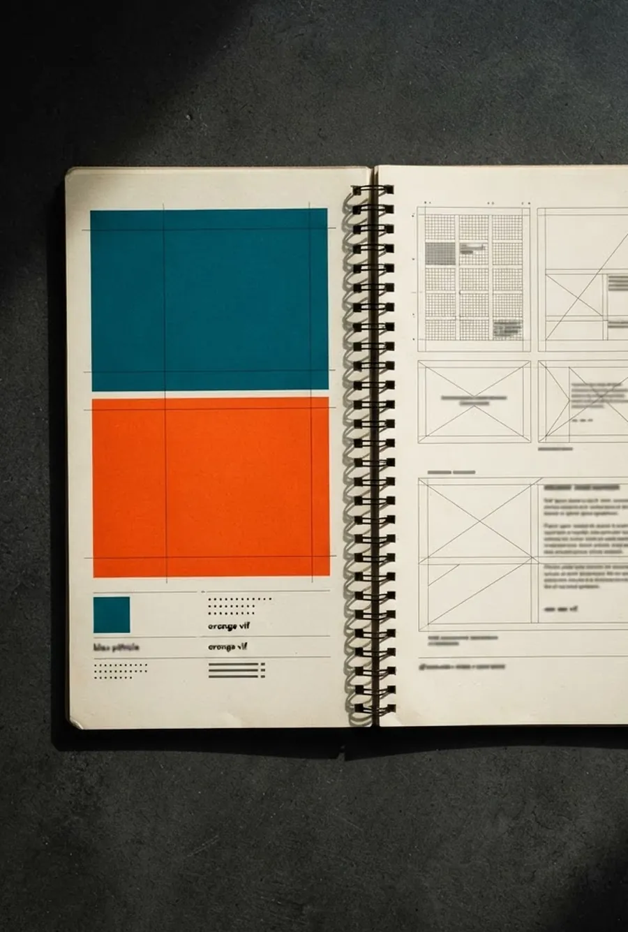 Une charte graphique imprimée : aplats de couleur, grilles de mise en page et échelles typographiques