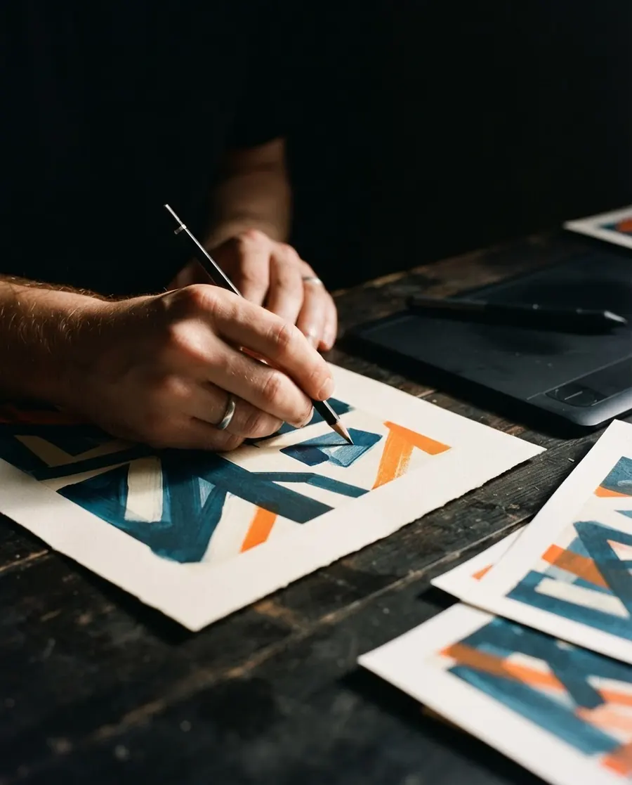 Une main retouche au crayon un tirage posé sur l’établi