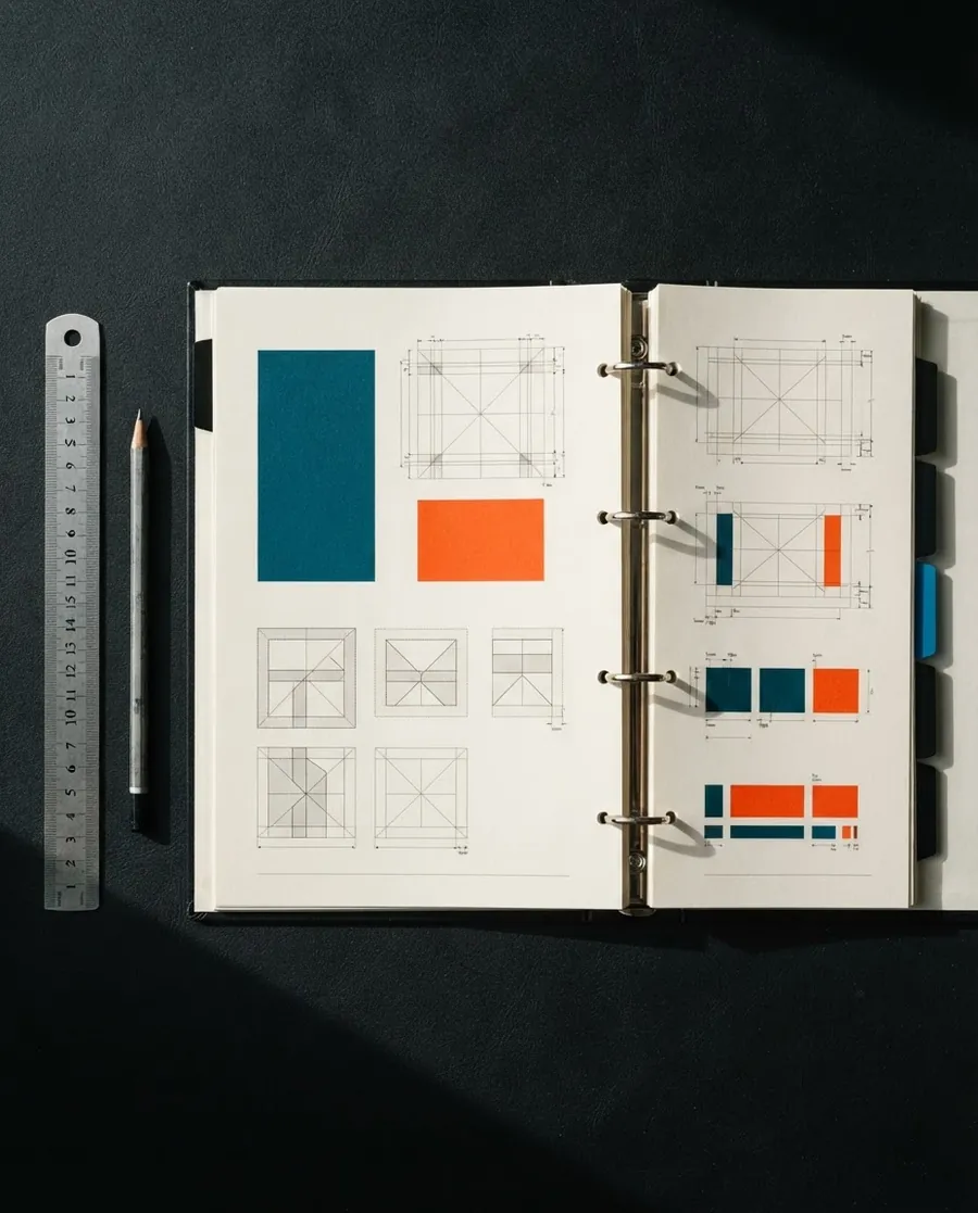 Un classeur de charte graphique ouvert sur ses pages de couleurs et de grilles
