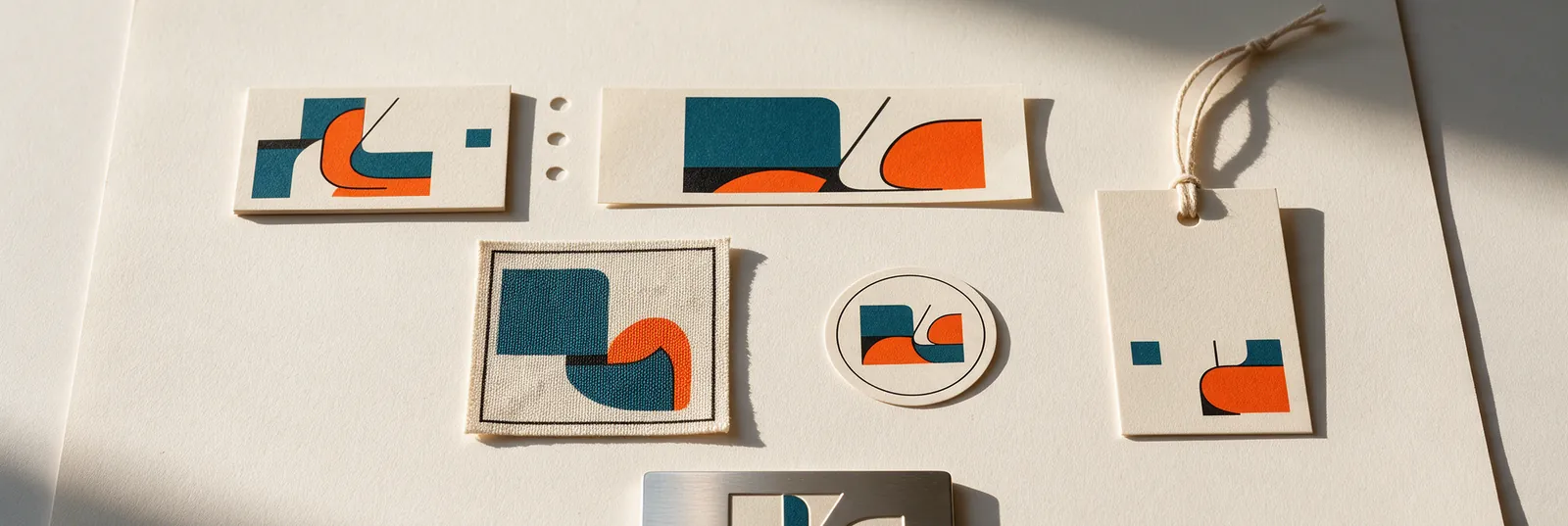 Les éléments d’une identité posés sur une grille : carte, textile, étiquette, plaque gravée