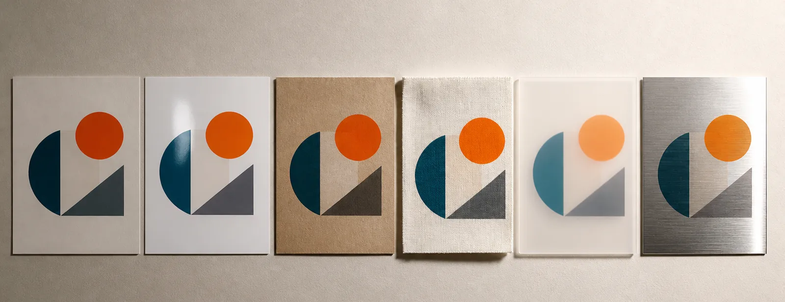 Le même motif reproduit sur six supports différents : papier, carton, toile, métal.