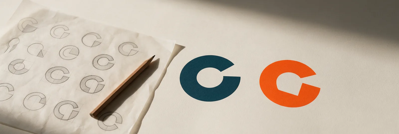 Des croquis d’un symbole sur papier calque et les deux tirages retenus