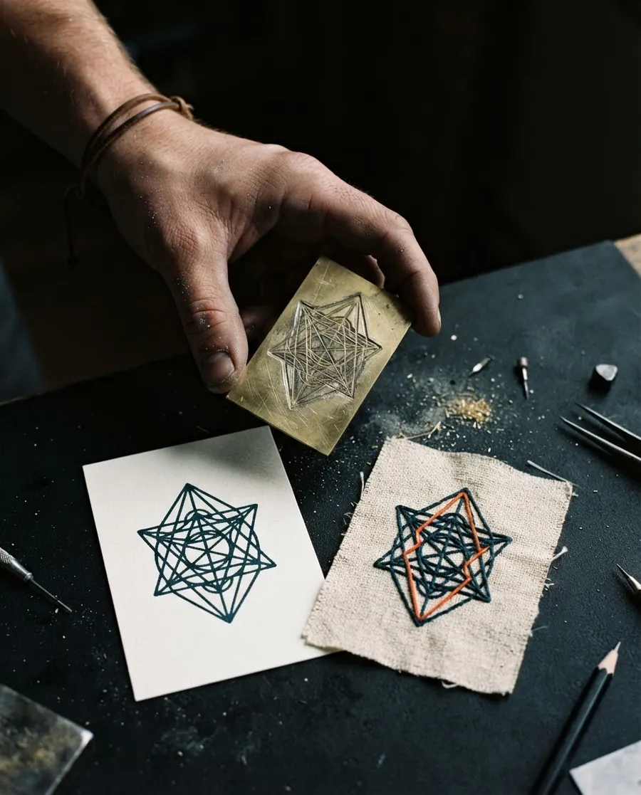 Le même symbole gravé sur laiton, imprimé sur papier et brodé sur textile