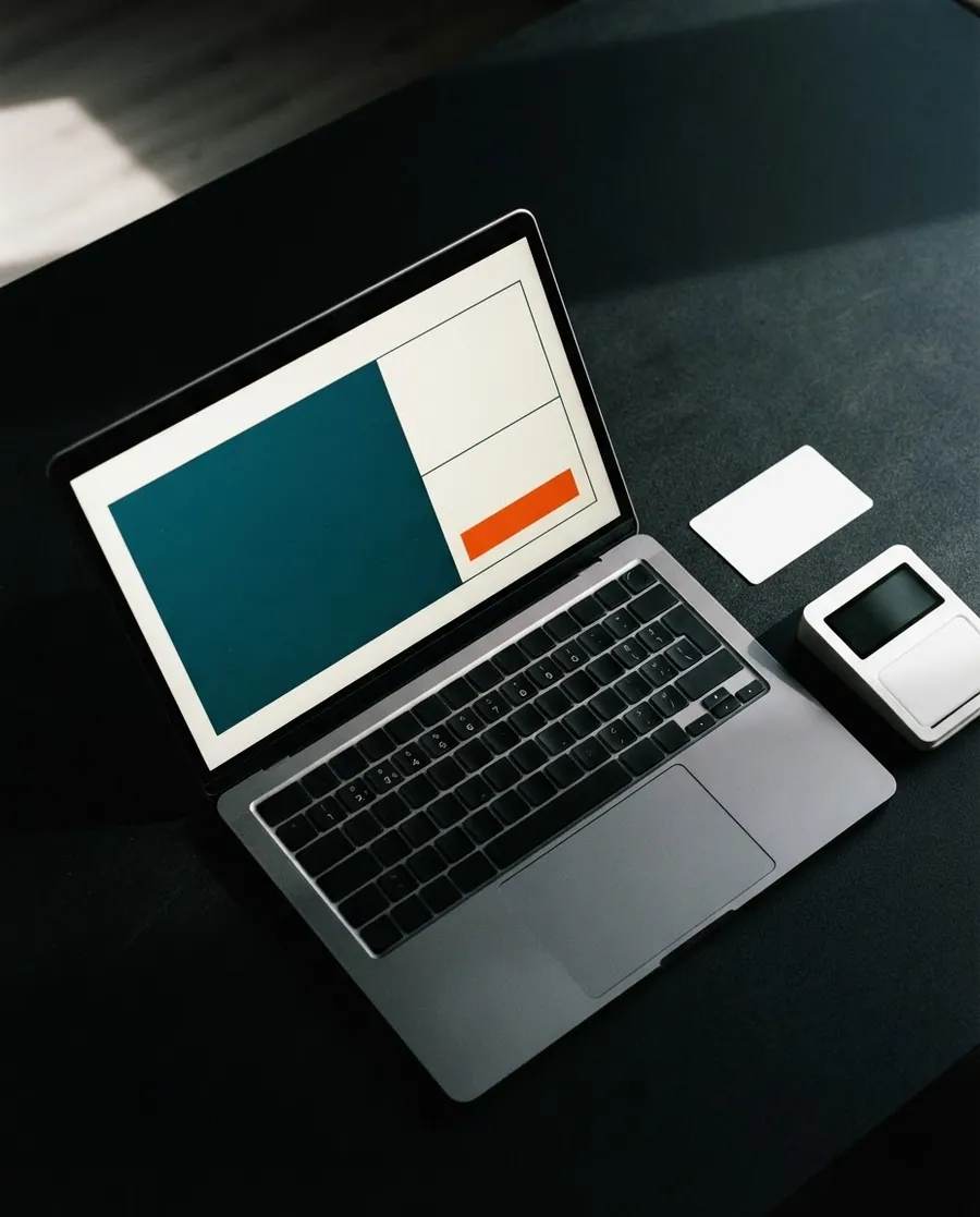 Une page de paiement ouverte sur un ordinateur portable, à côté d’une carte et d’un terminal