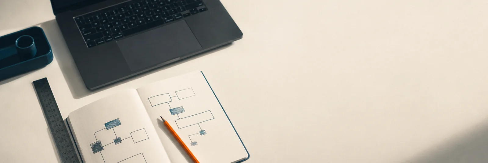 Un établi avec un ordinateur portable et un carnet ouvert sur un schéma de modules
