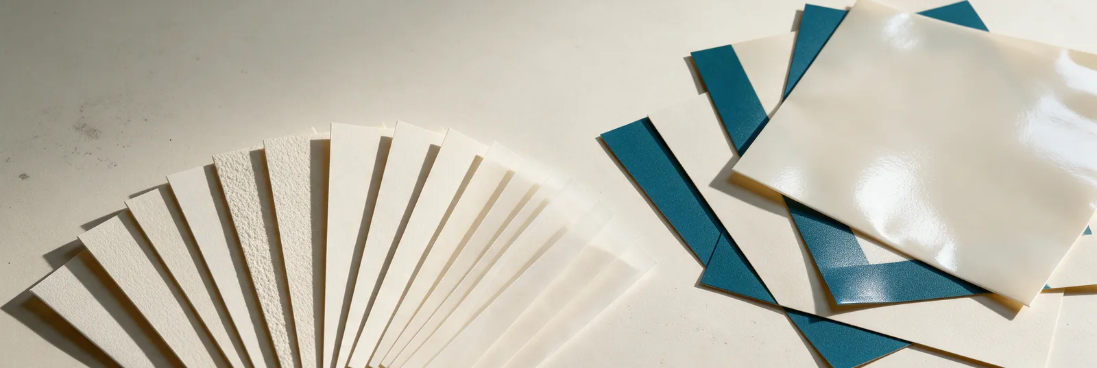 Un éventail d’échantillons de papier et trois tirages du même bleu sur trois matières