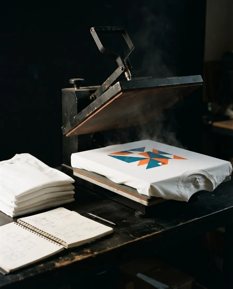 Une presse à chaud ouverte sur un tee-shirt prêt à être marqué