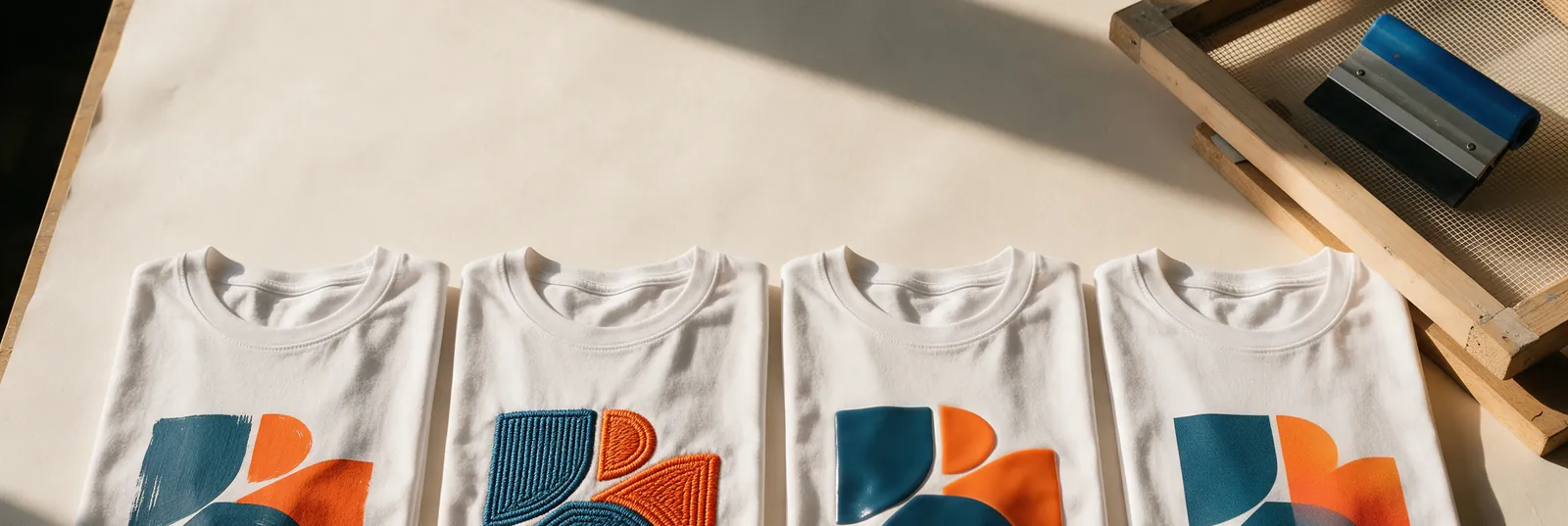 Des tee-shirts marqués du même motif par des techniques différentes