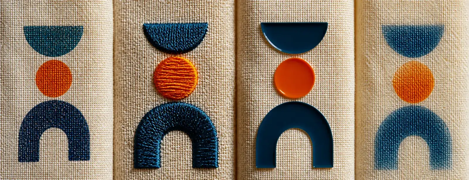 Le même motif marqué sur quatre carrés de tissu par quatre techniques différentes.