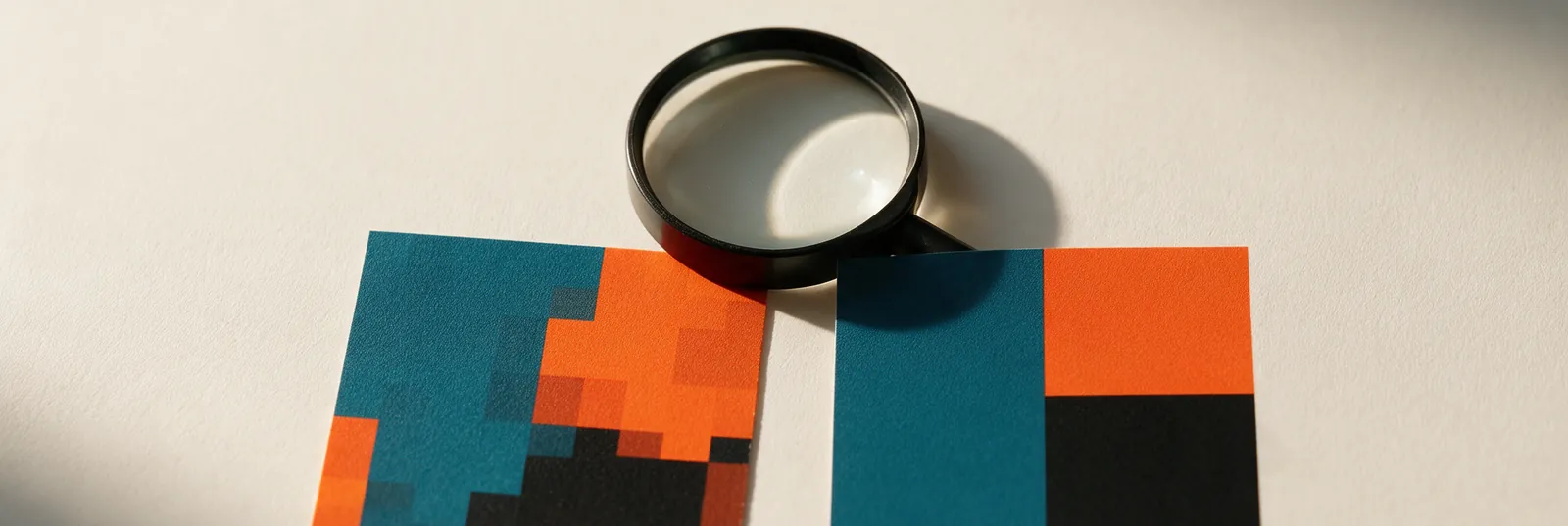 Deux tirages du même motif, l’un pixelisé, l’autre net, sous une loupe