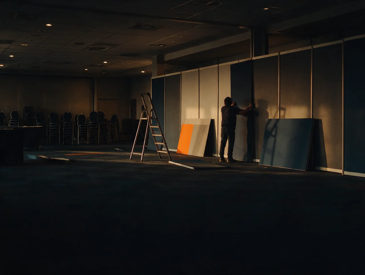 Montage en cours dans une salle d’événement encore vide
