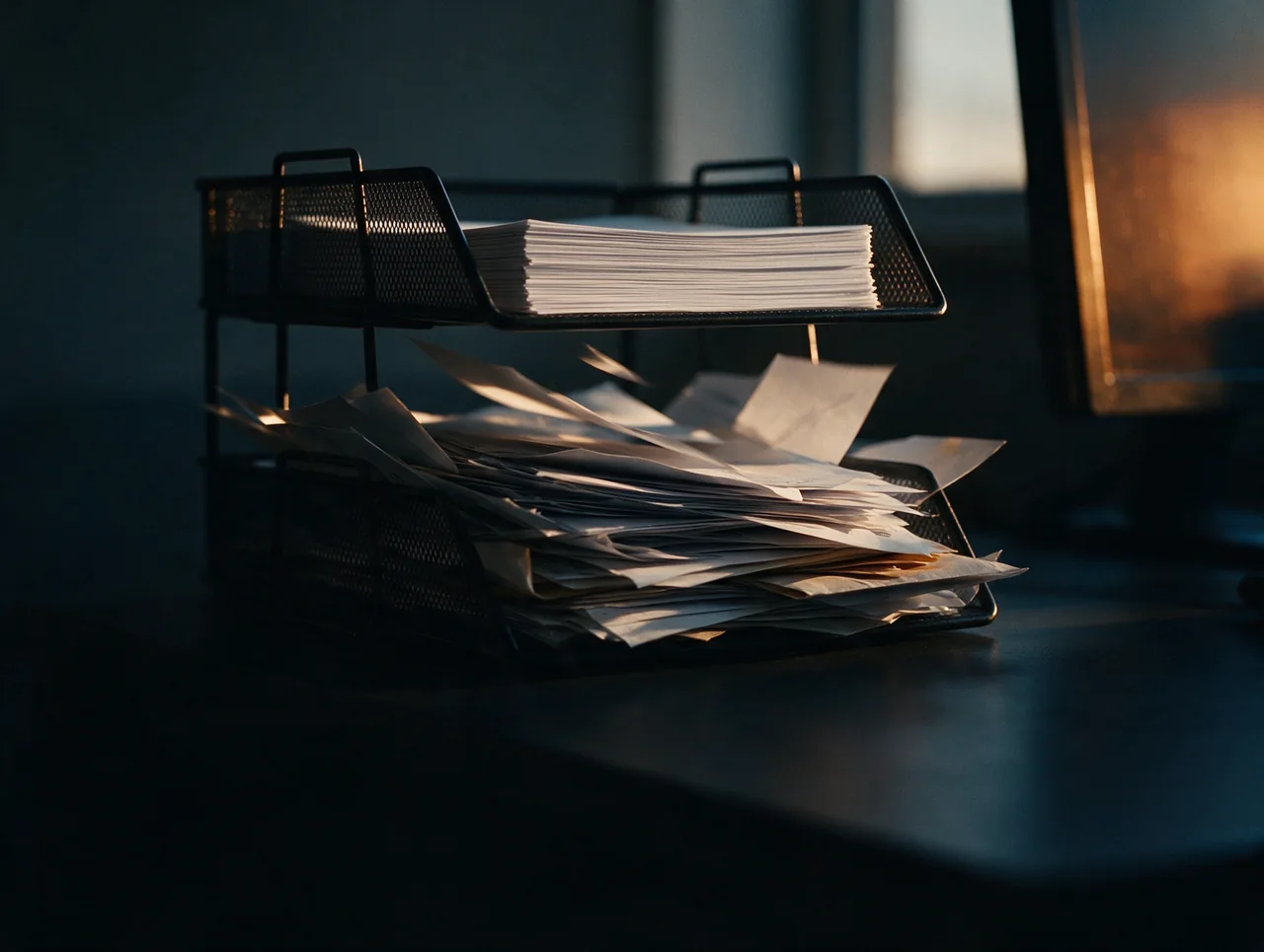 Deux bacs à courrier, l’un en désordre, l’autre rangé
