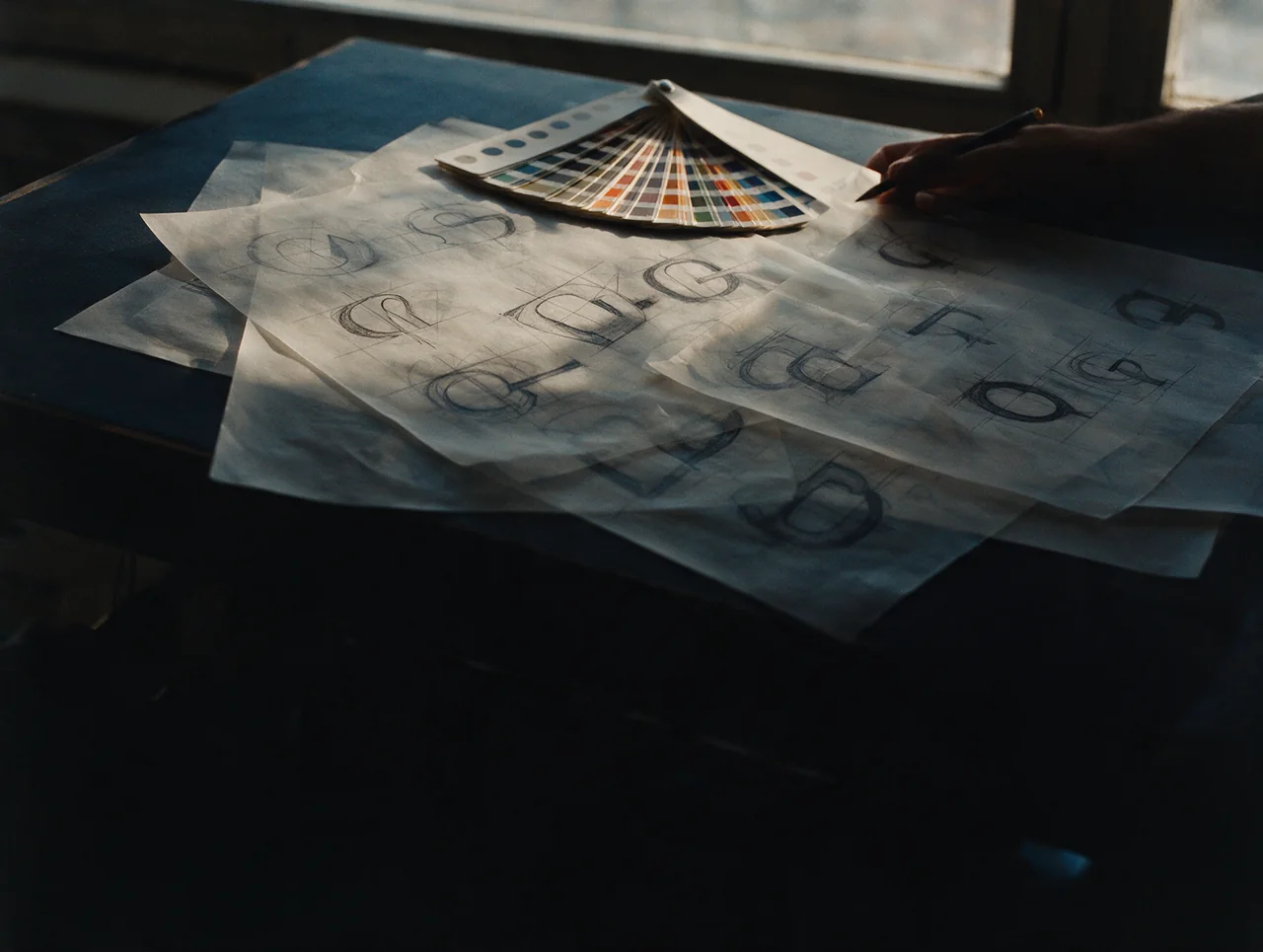Des esquisses de symbole au crayon sur calque et un nuancier ouvert