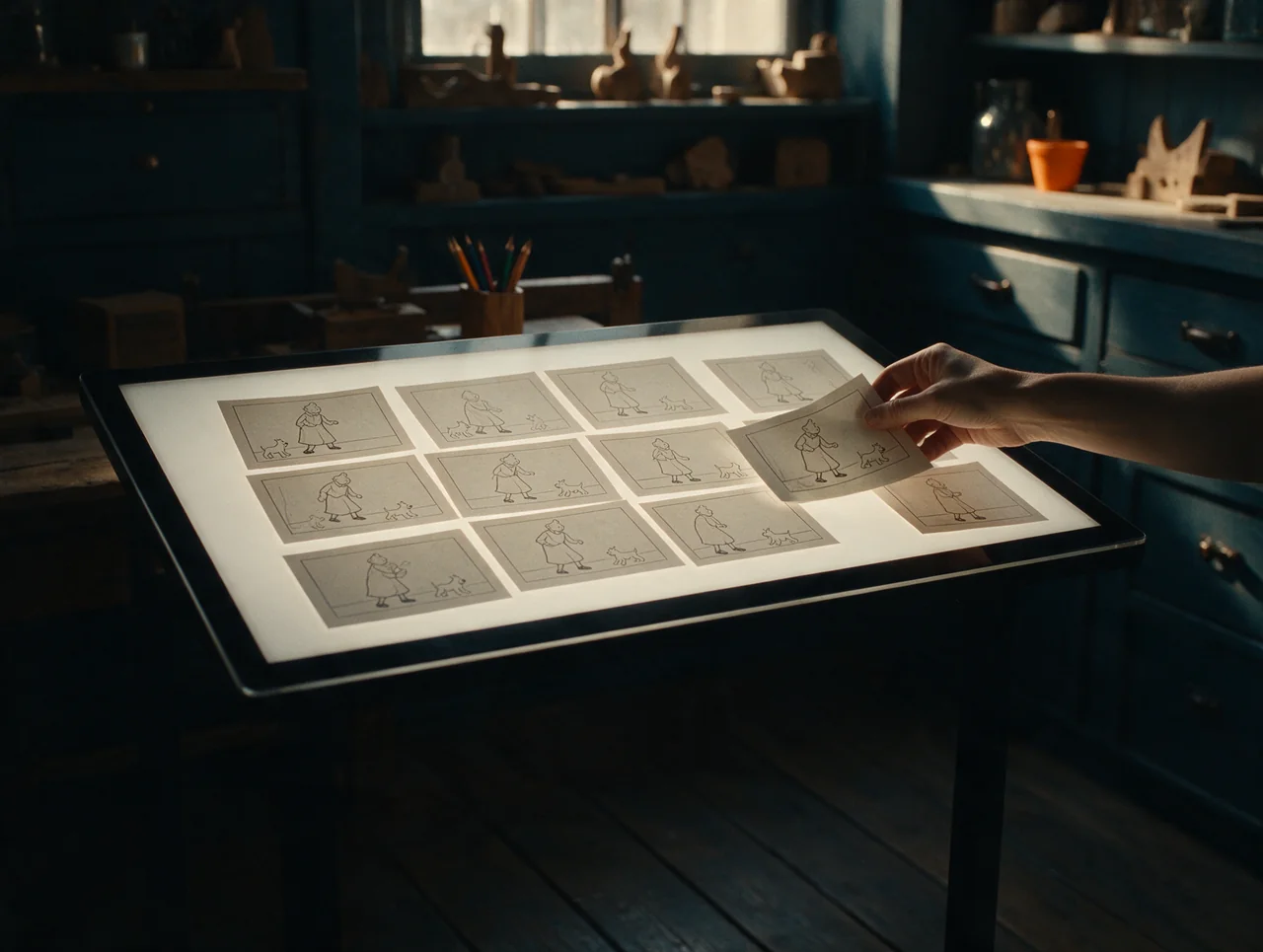 Des vignettes d’une séquence alignées sur une table lumineuse