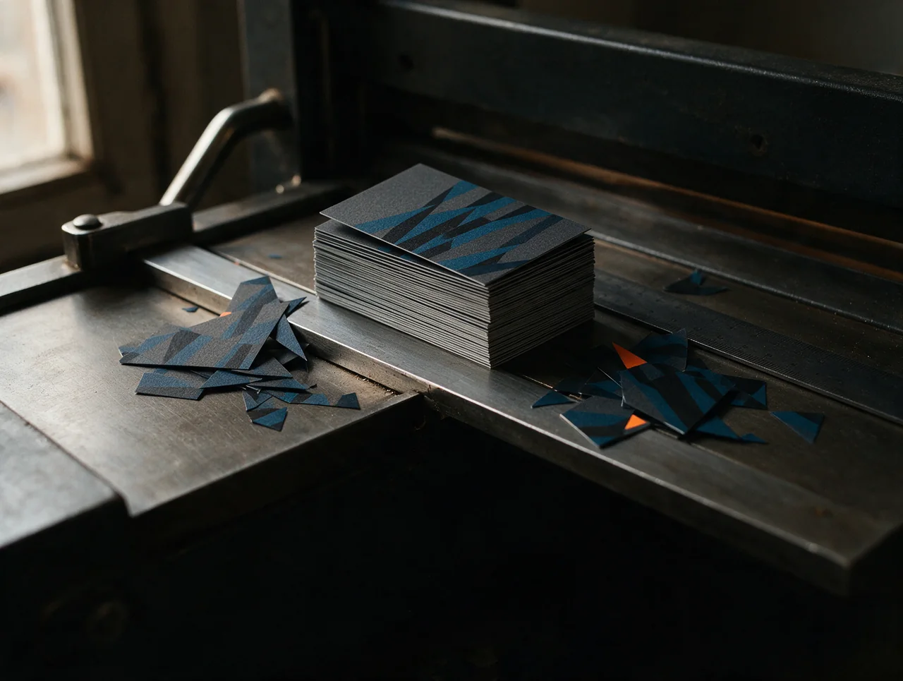 Une pile de cartes fraîchement massicotées sur un massicot d’atelier