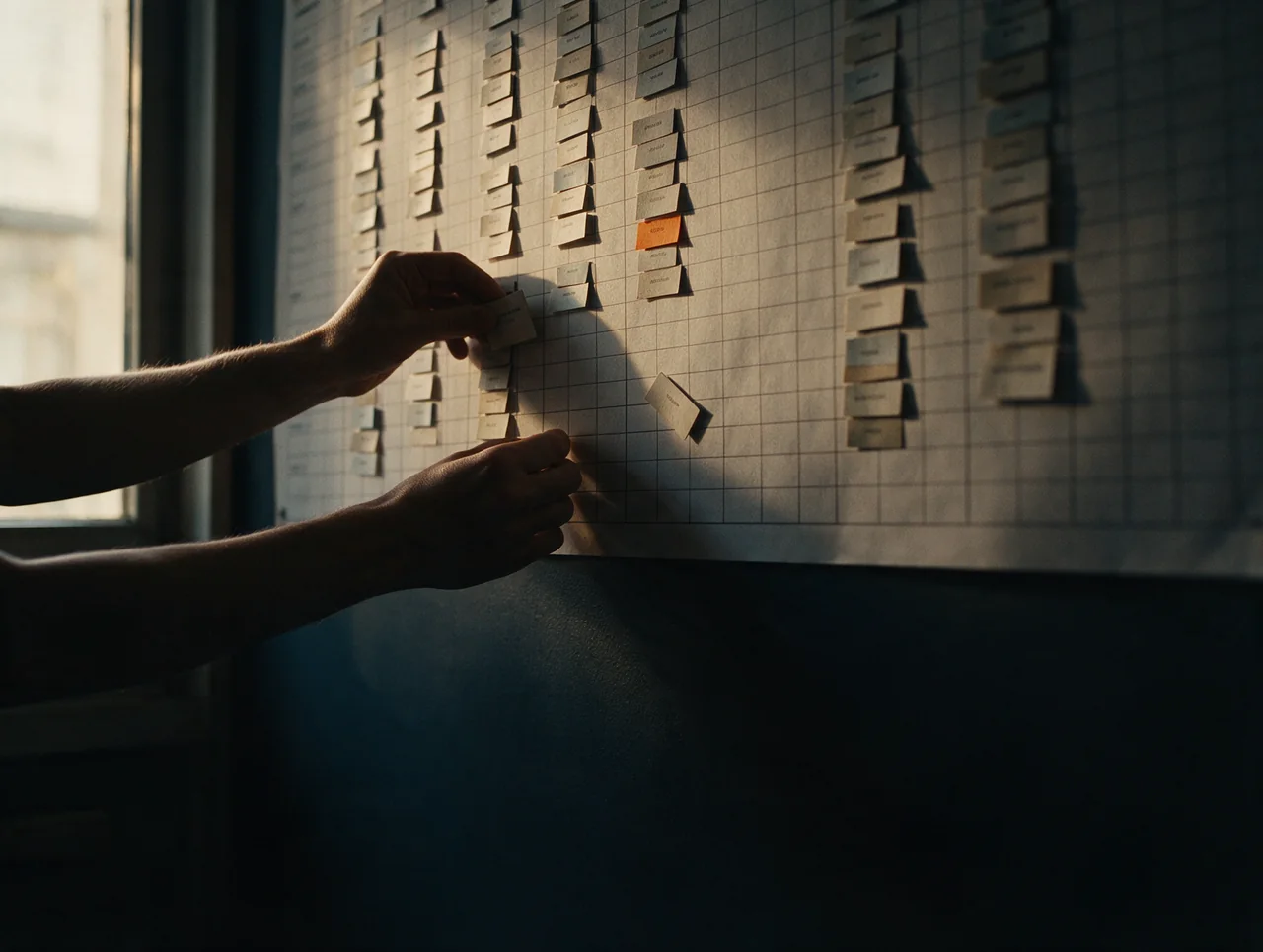 Une main pose une fiche sur un planning mural
