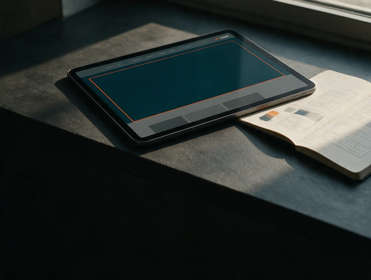 Une tablette affichant une mise en page à côté d’un carnet de croquis d’interface