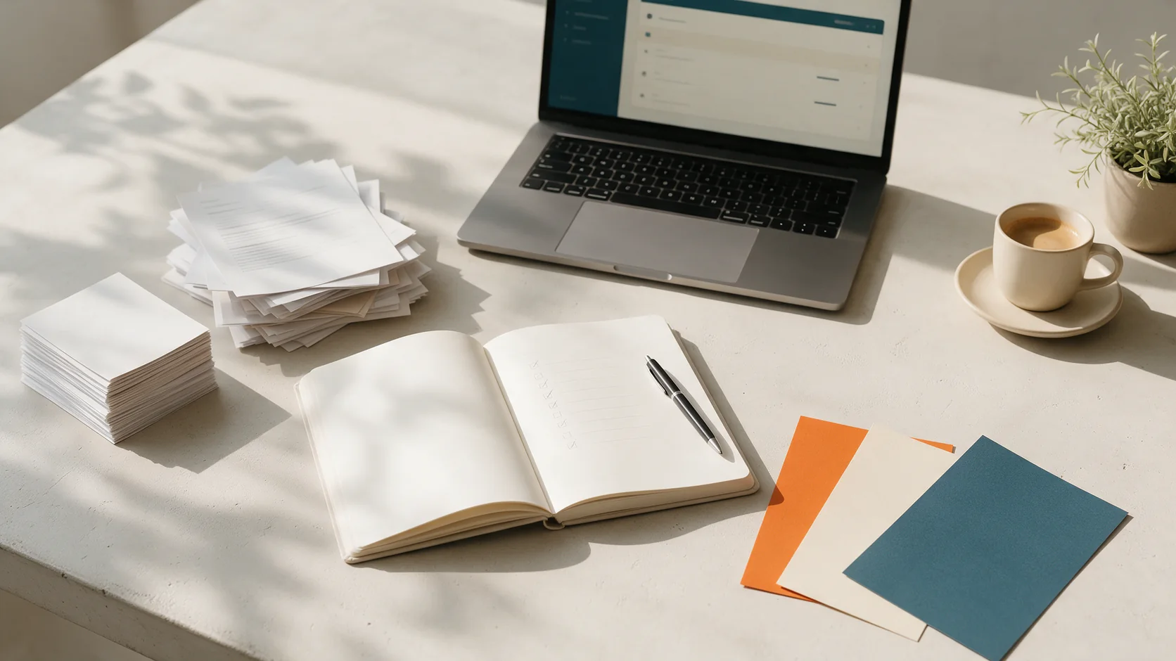Un plan de travail vu de dessus : un ordinateur affichant une liste de tâches, des documents rangés, un carnet avec une check-list cochée à la main
