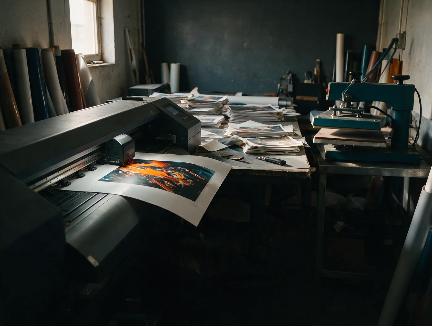 L’atelier d’impression : imprimante grand format, tirages empilés, rouleaux et presse