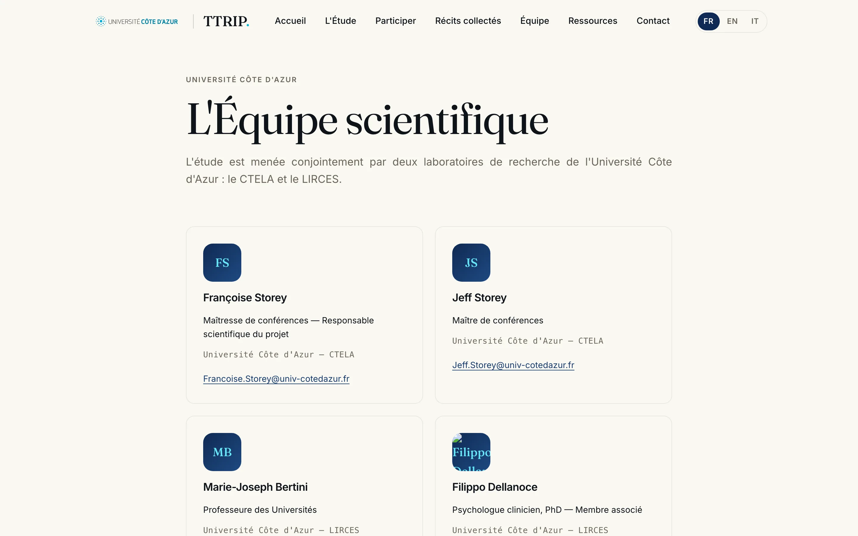 La page de l’équipe scientifique
