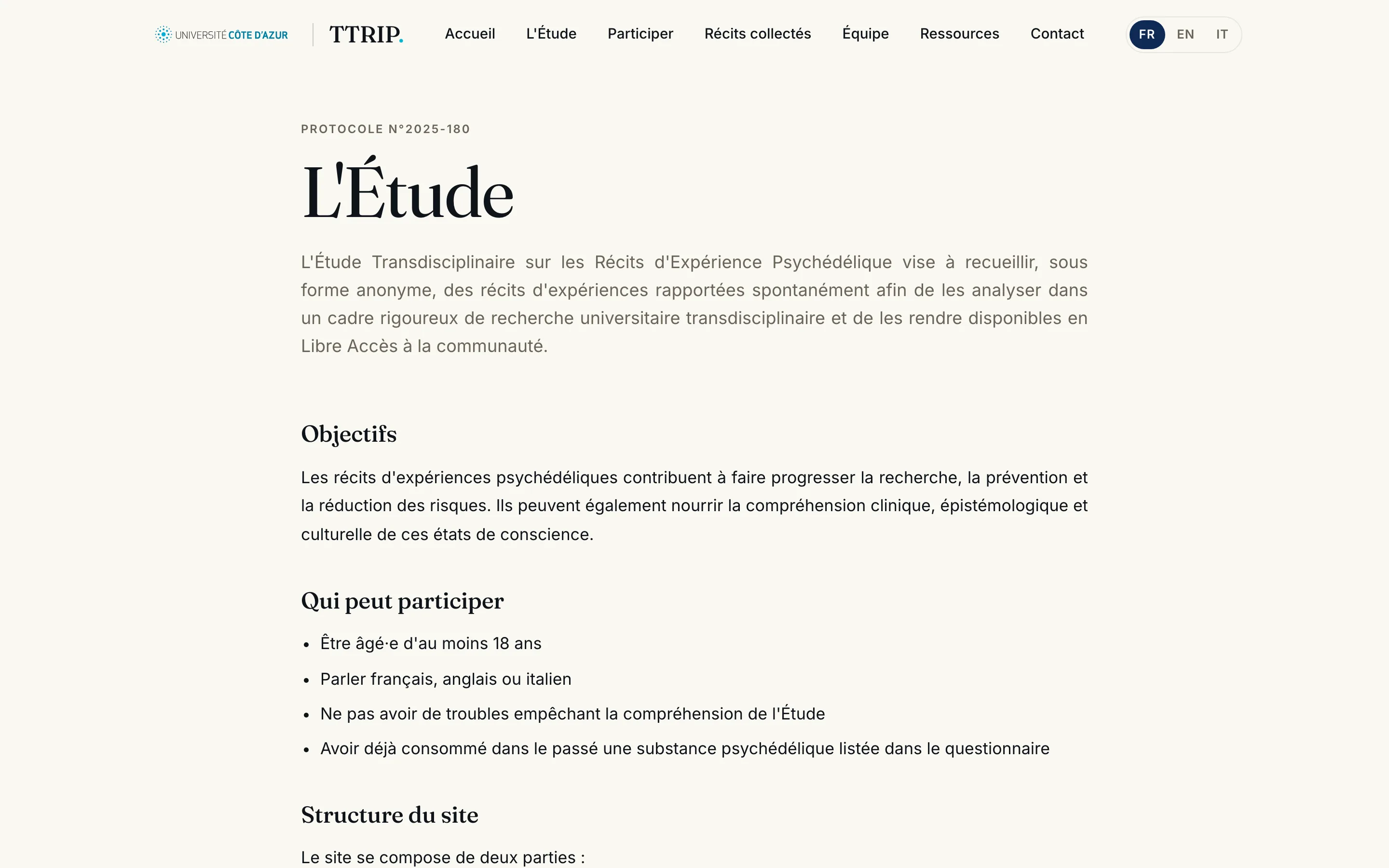 La page de présentation du protocole