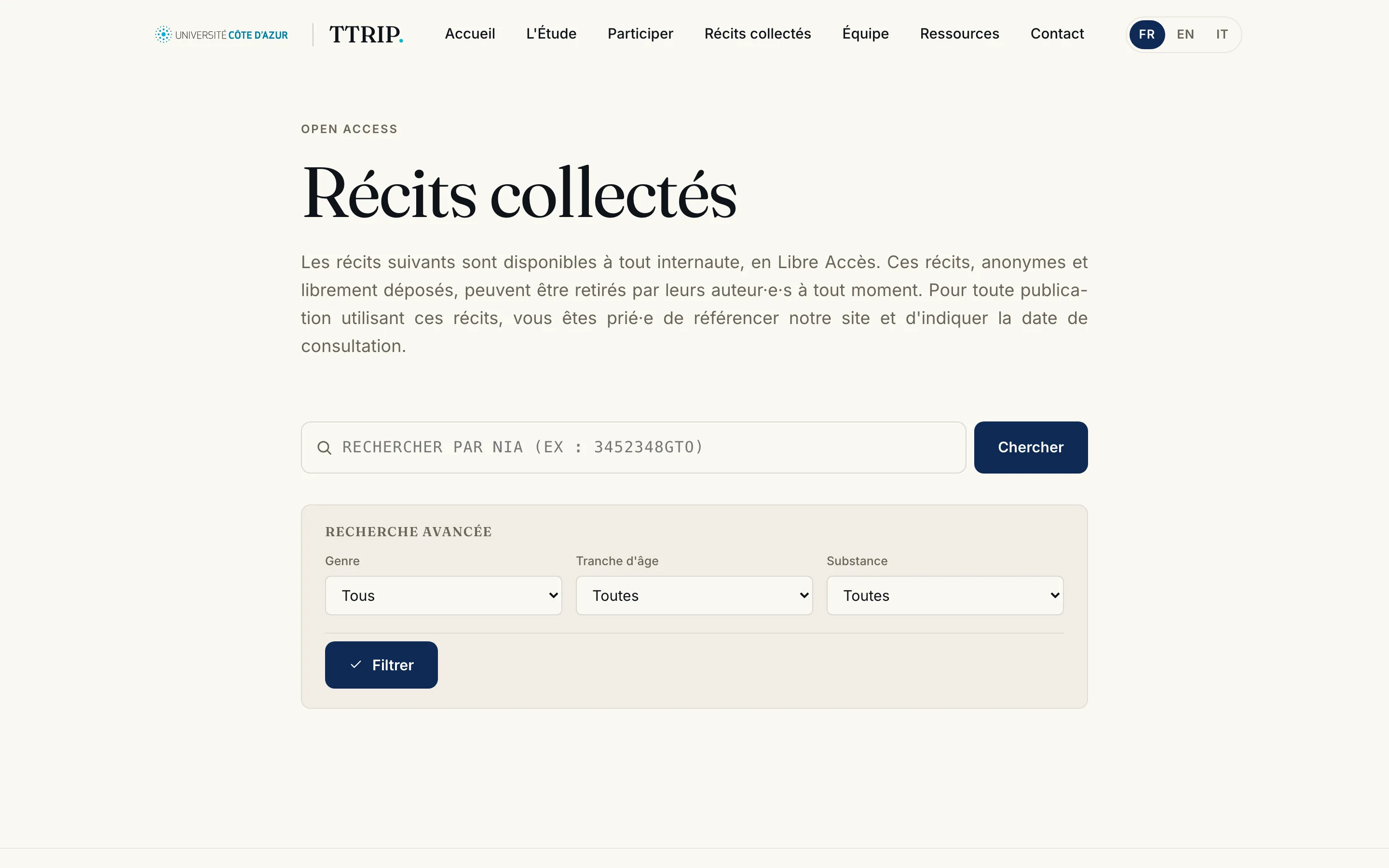 La recherche et les filtres des récits collectés