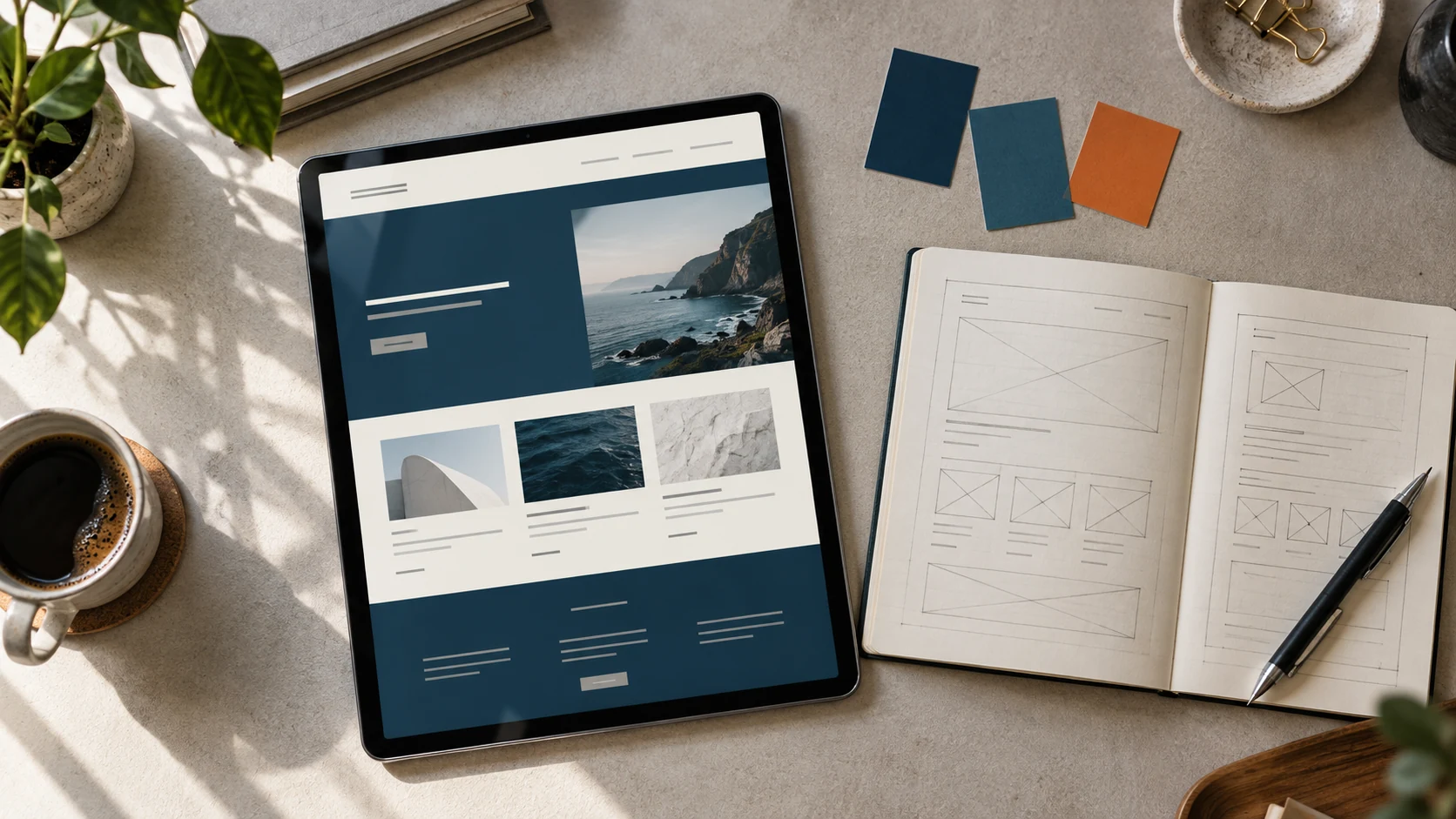 Une tablette affichant une interface de site, un carnet de maquettes au crayon et des échantillons de couleur sur un plan de travail